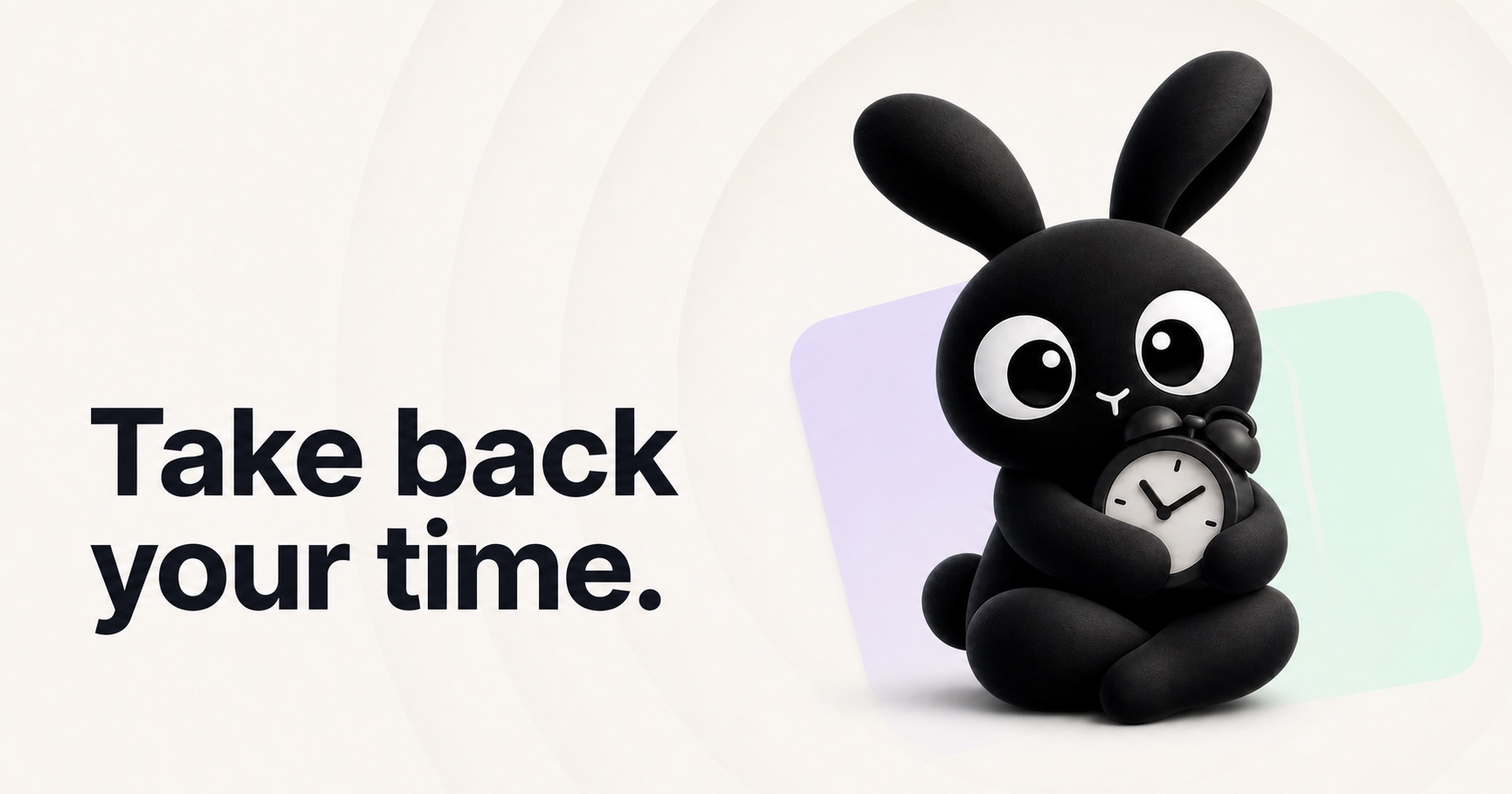 Hol dir deine Zeit zurück. Das FocusRabbit-Maskottchen umarmt eine Uhr.