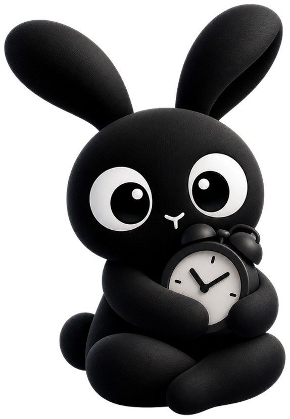 La mascotte di FocusRabbit che abbraccia una sveglia